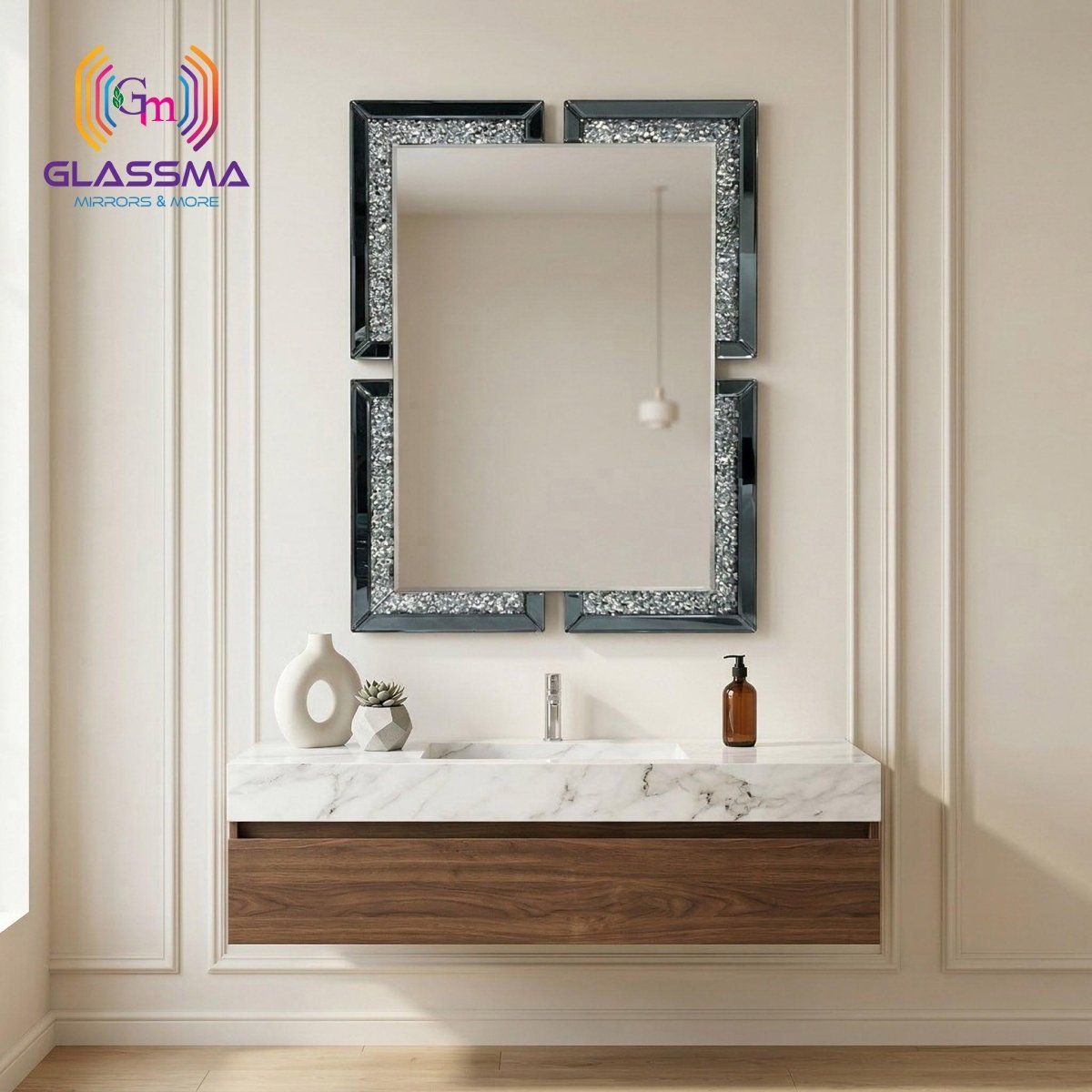 Crystal Diamond Rectangular Wall Mirror | Decorative Gun Metal Frame Vanity Mirror for Bathroom
